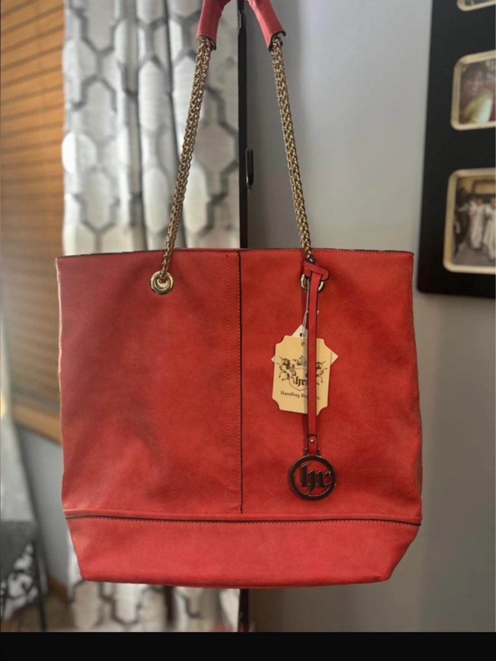 Red Structured Tote with Gold Chain Handles